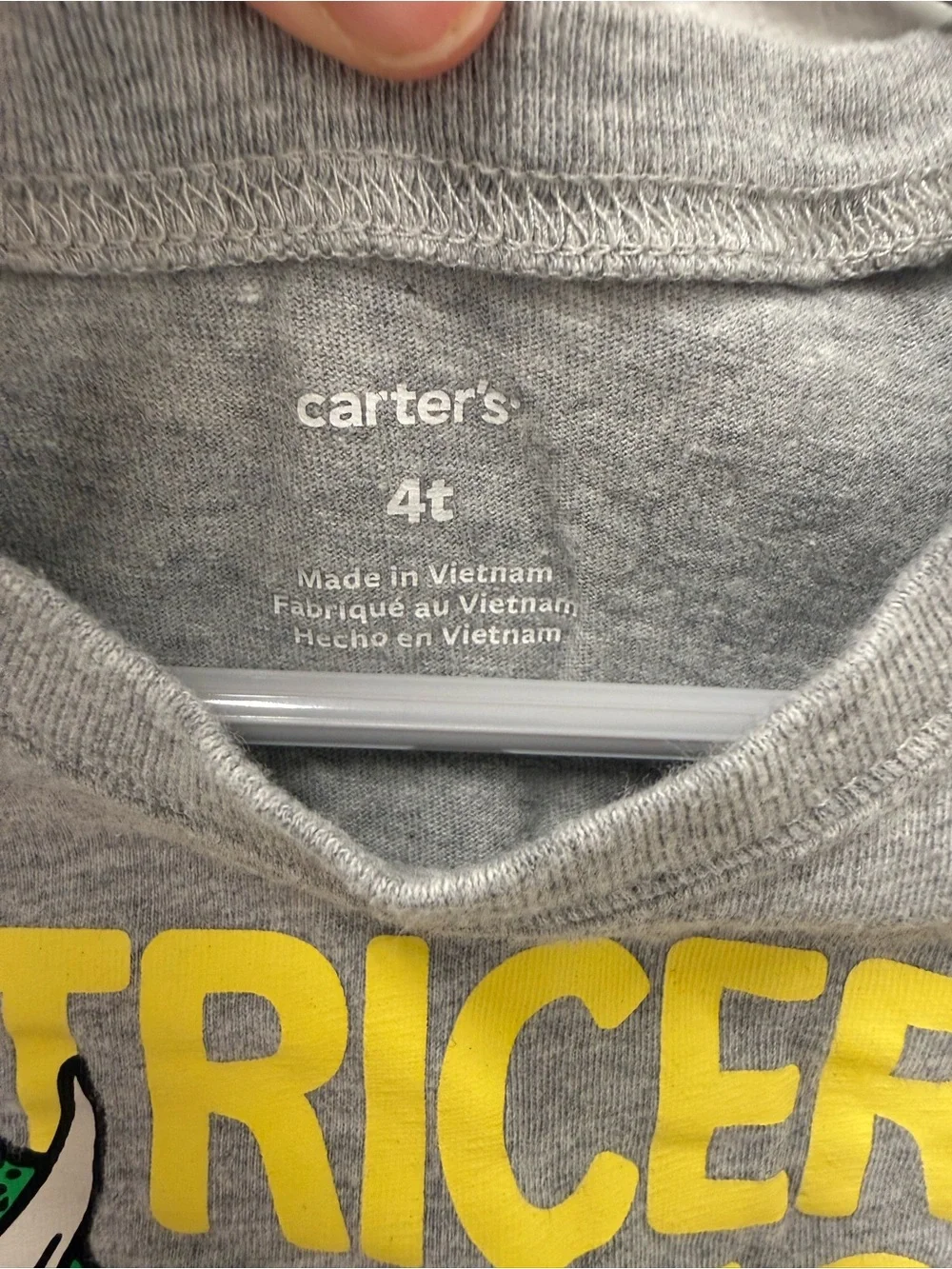 Carter's Gray Tee with Green Triceratops and Yellow Text